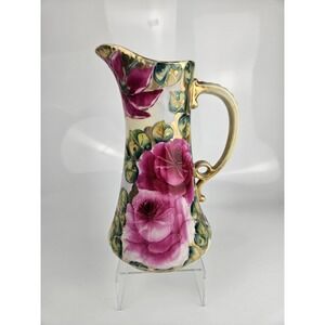 Vintage Hand Painted Rose Porcelain Pitcher Gold Gilt Trim Wow!